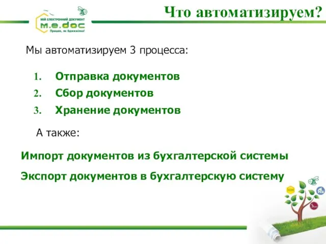 Что автоматизируем? Мы автоматизируем 3 процесса: Отправка документов Сбор документов Хранение документов