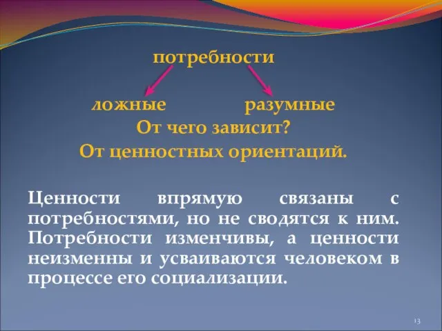 потребности ложные разумные От чего зависит? От ценностных ориентаций. Ценности впрямую связаны