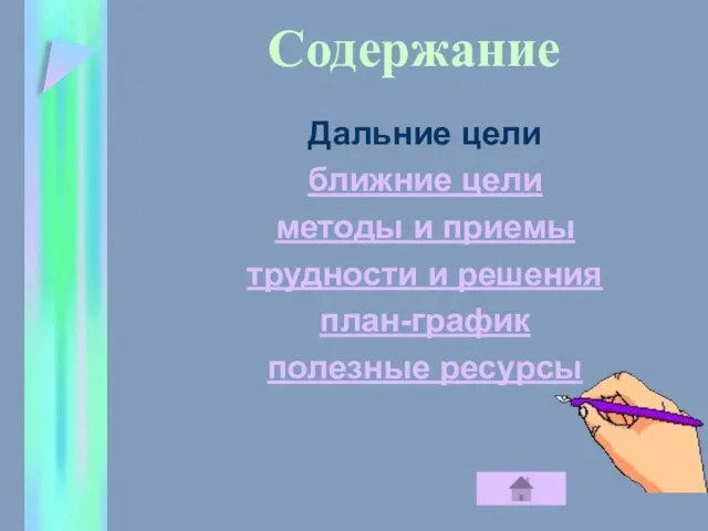 Содержание Дальние цели ближние цели методы и приемы трудности и решения план-график полезные ресурсы