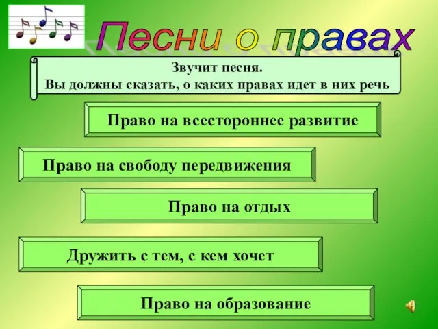 Песни о правах Звучит песня. Вы должны сказать, о каких правах идет