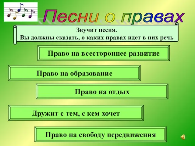 Песни о правах Звучит песня. Вы должны сказать, о каких правах идет