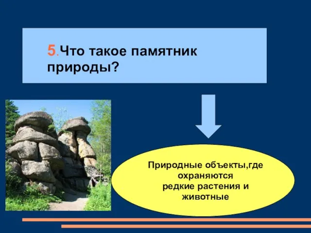 5.Что такое памятник природы? Природные объекты,где охраняются редкие растения и животные