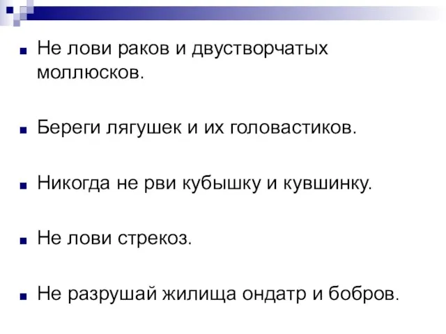 Не лови раков и двустворчатых моллюсков. Береги лягушек и их головастиков. Никогда