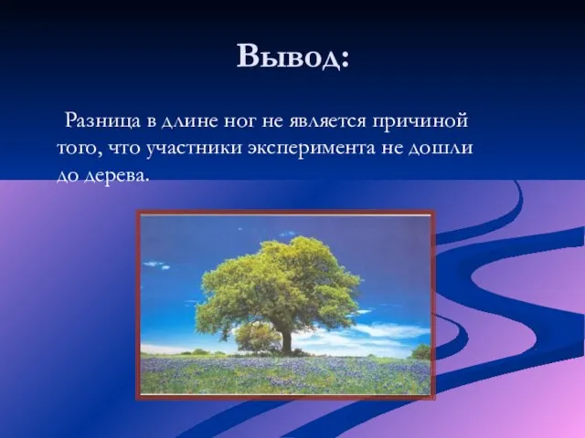 Вывод: Разница в длине ног не является причиной того, что участники эксперимента не дошли до дерева.