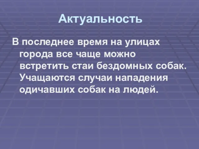 Актуальность В последнее время на улицах города все чаще можно встретить стаи