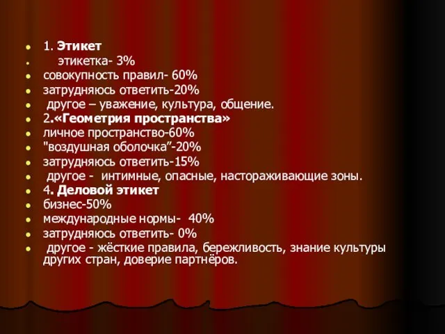 1. Этикет этикетка- 3% совокупность правил- 60% затрудняюсь ответить-20% другое – уважение,