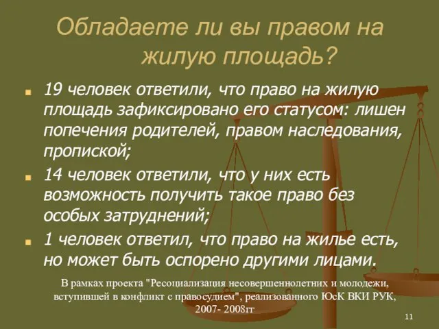 Обладаете ли вы правом на жилую площадь? 19 человек ответили, что право