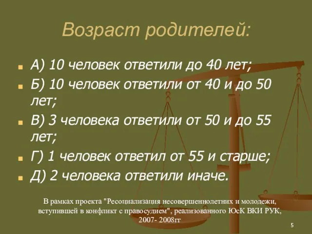 Возраст родителей: А) 10 человек ответили до 40 лет; Б) 10 человек