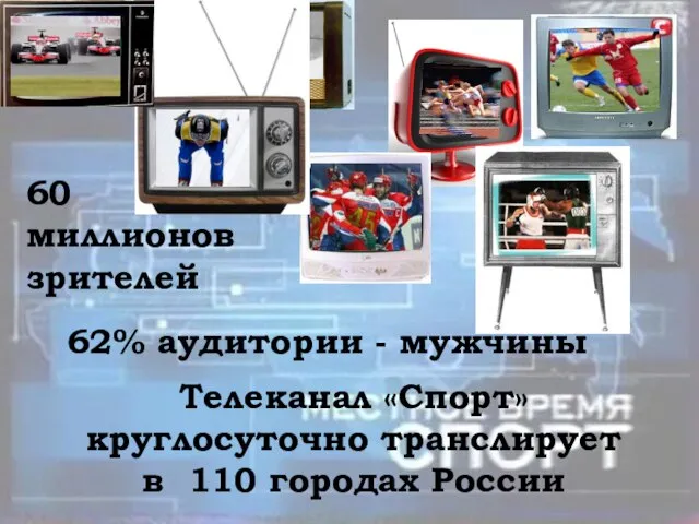 Телеканал «Спорт» круглосуточно транслирует в 110 городах России 60 миллионов зрителей 62% аудитории - мужчины