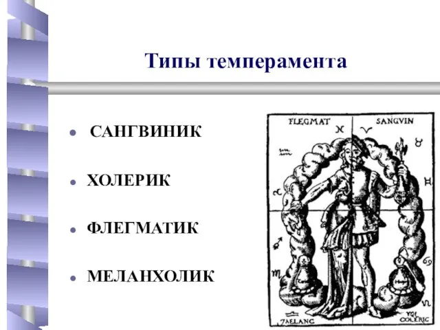 Типы темперамента САНГВИНИК ХОЛЕРИК ФЛЕГМАТИК МЕЛАНХОЛИК