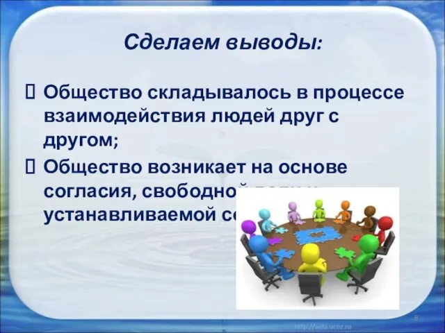 Сделаем выводы: Общество складывалось в процессе взаимодействия людей друг с другом; Общество