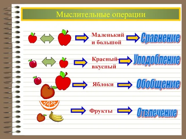 Мыслительные операции Маленький и большой Сравнение Красный- вкусный Уподобление Фрукты Отвлечение Яблоки Обобщение