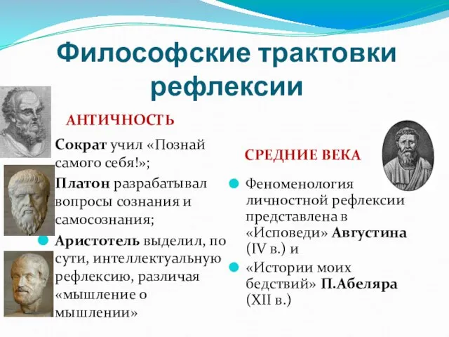 Философские трактовки рефлексии АНТИЧНОСТЬ СРЕДНИЕ ВЕКА Сократ учил «Познай самого себя!»; Платон