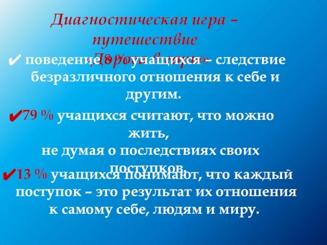 Диагностическая игра – путешествие «Дорога в горы» поведение 8 % учащихся –