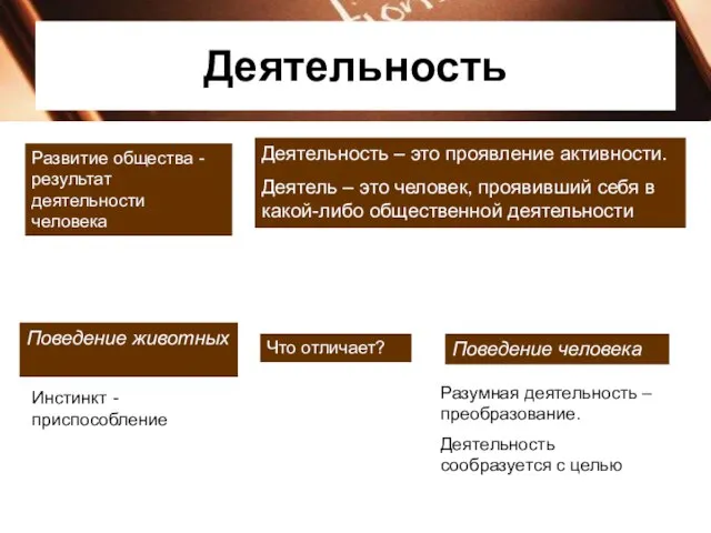 Деятельность Развитие общества -результат деятельности человека Деятельность – это проявление активности. Деятель