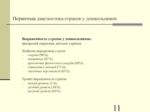 Первичная диагностика страхов у дошкольников Выраженность страхов у дошкольников: авторский опросник детских