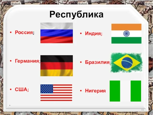 Республика Россия; Германия; США; . Индия; Бразилия; Нигерия