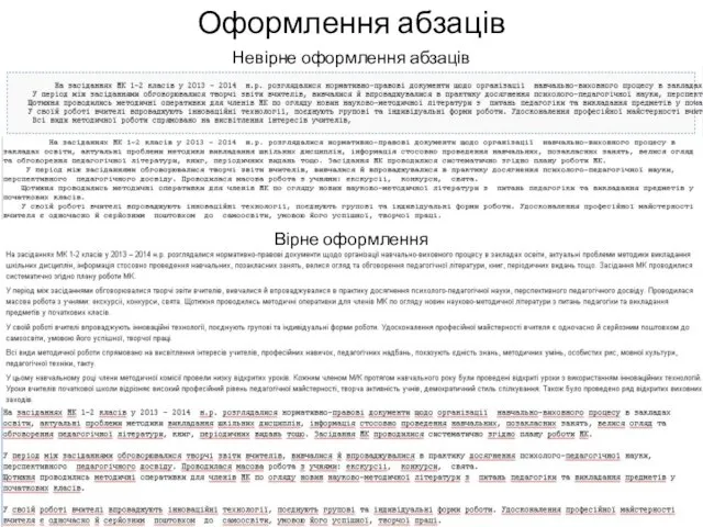 Оформлення абзаців Вірне оформлення Невірне оформлення абзаців