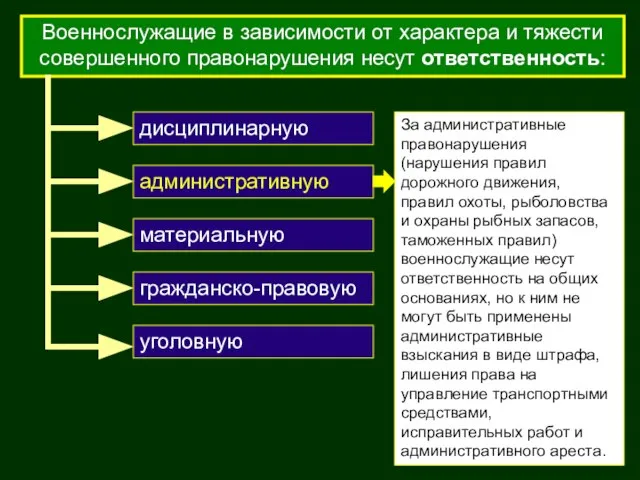 Военнослужащие в зависимости от характера и тяжести совершенного правонарушения несут ответственность: уголовную