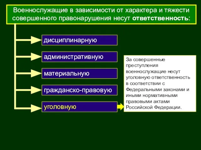 Военнослужащие в зависимости от характера и тяжести совершенного правонарушения несут ответственность: уголовную