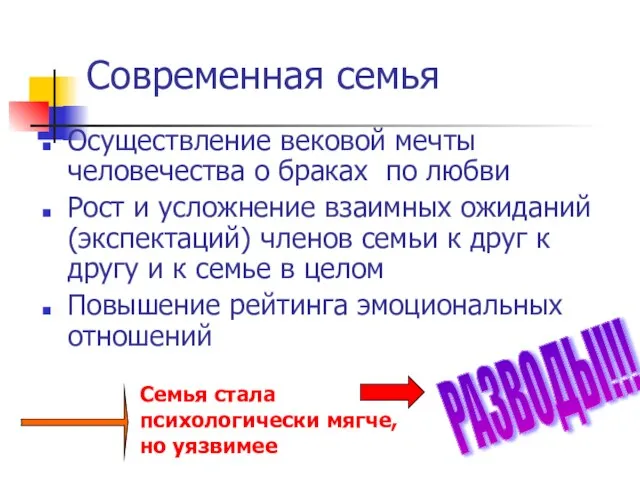 Современная семья Осуществление вековой мечты человечества о браках по любви Рост и