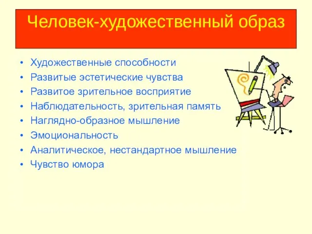 Человек-художественный образ Художественные способности Развитые эстетические чувства Развитое зрительное восприятие Наблюдательность, зрительная