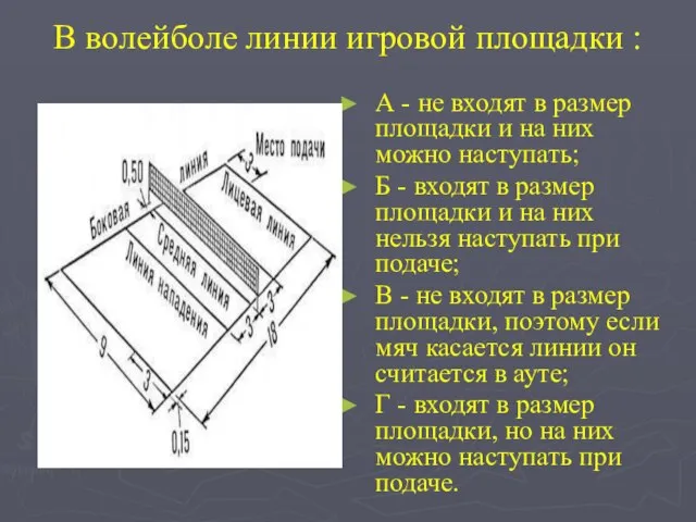 В волейболе линии игровой площадки : А - не входят в размер