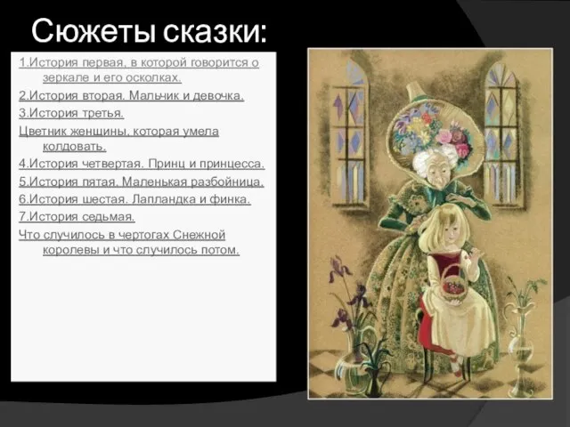 Сюжеты сказки: 1.История первая, в которой говорится о зеркале и его осколках.