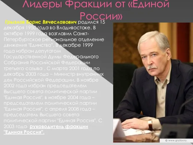 Лидеры Фракции от «Единой России» Грызлов Борис Вячеславович родился 15 декабря 1950