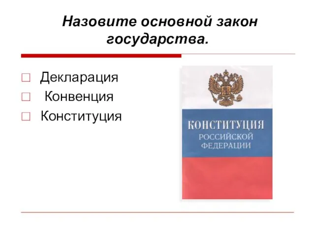 Назовите основной закон государства. Декларация Конвенция Конституция