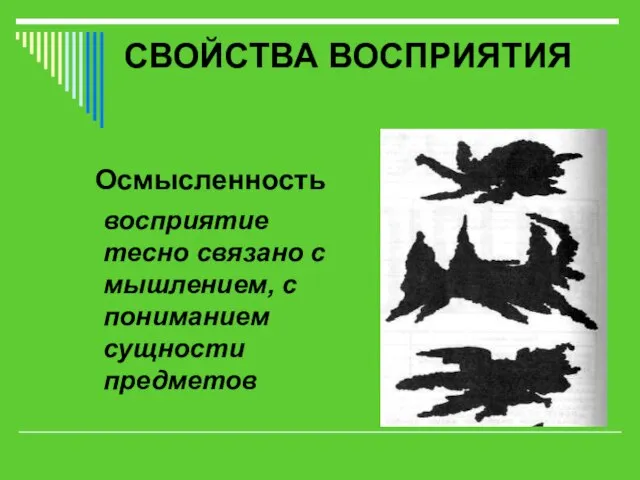 СВОЙСТВА ВОСПРИЯТИЯ Осмысленность восприятие тесно связано с мышлением, с пониманием сущности предметов