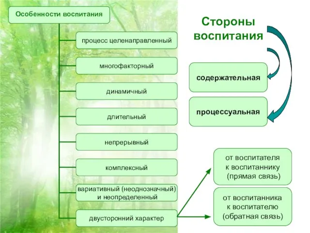 Стороны воспитания содержательная процессуальная от воспитателя к воспитаннику (прямая связь) от воспитанника к воспитателю (обратная связь)