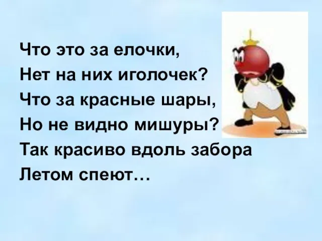 Что это за елочки, Нет на них иголочек? Что за красные шары,