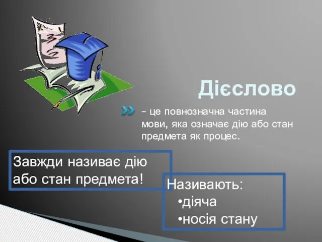 Дієслово – це повнозначна частина мови, яка означає дію або стан предмета