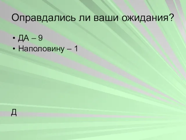 Оправдались ли ваши ожидания? ДА – 9 Наполовину – 1 Д