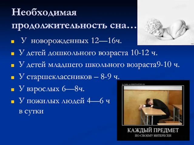 Необходимая продолжительность сна… У новорожденных 12—16ч. У детей дошкольного возраста 10-12 ч.