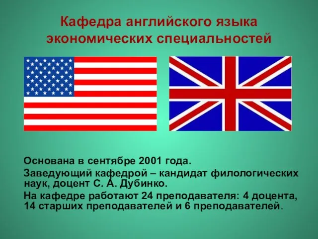 Кафедра английского языка экономических специальностей Основана в сентябре 2001 года. Заведующий кафедрой