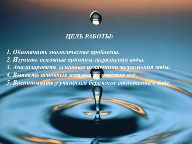 ЦЕЛЬ РАБОТЫ: 1. Обозначить экологические проблемы. 2. Изучить основные причины загрязнения воды.