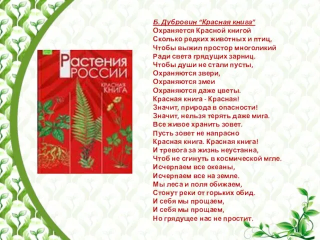 Б. Дубровин “Красная книга” Охраняется Красной книгой Сколько редких животных и птиц,