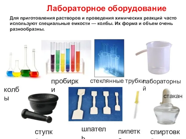 Лабораторное оборудование колбы пробирки стеклянные трубки лабораторный стакан ступка шпатель пипетка спиртовка