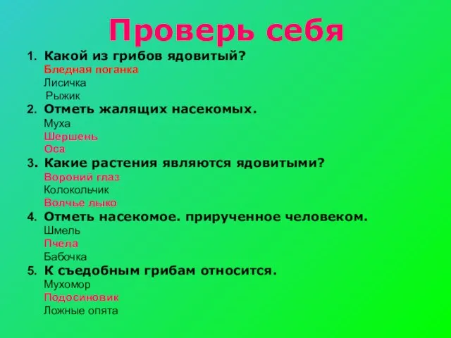 Проверь себя 1. Какой из грибов ядовитый? Бледная поганка Лисичка Рыжик 2.