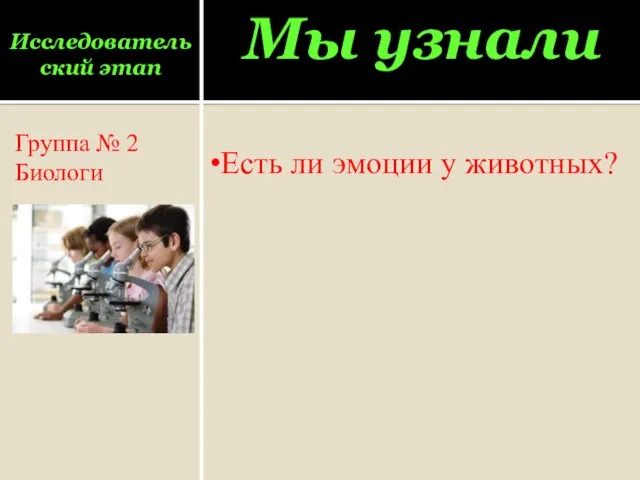 Исследовательский этап Группа № 2 Биологи Мы узнали Есть ли эмоции у животных?