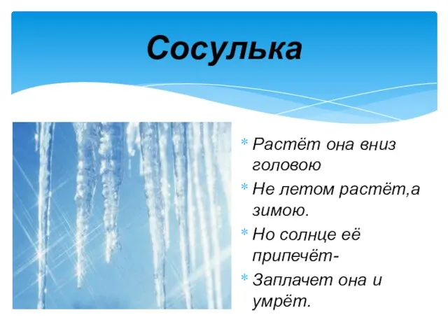 Растёт она вниз головою Не летом растёт,а зимою. Но солнце её припечёт-