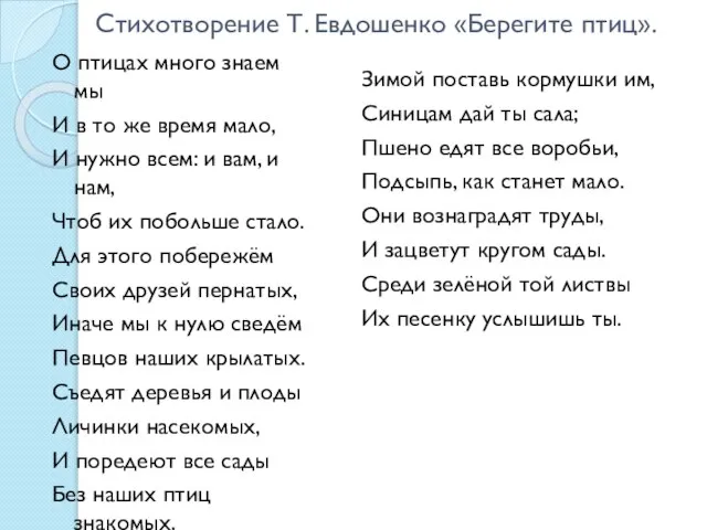 Стихотворение Т. Евдошенко «Берегите птиц». О птицах много знаем мы И в