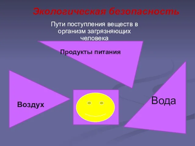 Экологическая безопасность Пути поступления веществ в организм загрязняющих человека Продукты питания Вода Воздух