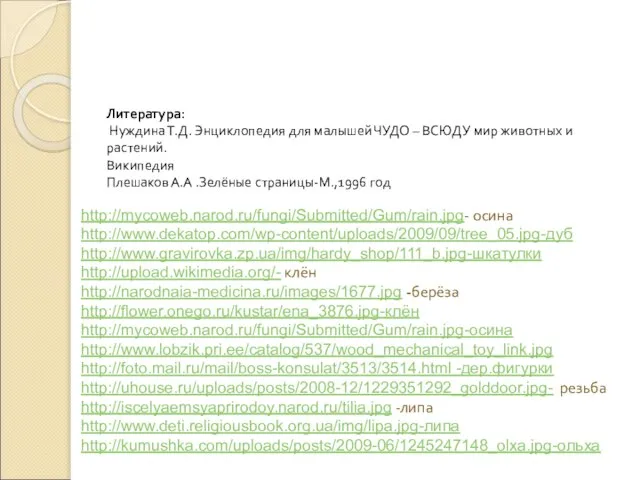 http://mycoweb.narod.ru/fungi/Submitted/Gum/rain.jpg- осина http://www.dekatop.com/wp-content/uploads/2009/09/tree_05.jpg-дуб http://www.gravirovka.zp.ua/img/hardy_shop/111_b.jpg-шкатулки http://upload.wikimedia.org/- клён http://narodnaia-medicina.ru/images/1677.jpg -берёза http://flower.onego.ru/kustar/ena_3876.jpg-клён http://mycoweb.narod.ru/fungi/Submitted/Gum/rain.jpg-осина http://www.lobzik.pri.ee/catalog/537/wood_mechanical_toy_link.jpg http://foto.mail.ru/mail/boss-konsulat/3513/3514.html