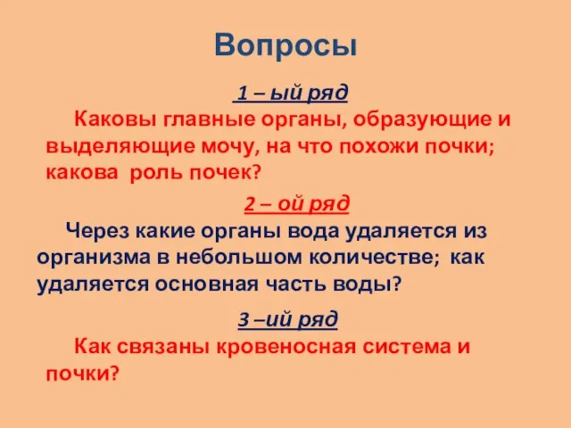 Вопросы 1 – ый ряд Каковы главные органы, образующие и выделяющие мочу,