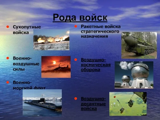 Рода войск Сухопутные войска Военно-воздушные силы Военно-морской флот Ракетные войска стратегического назначения Воздушно-космическая оборона Воздушно-десантные войска