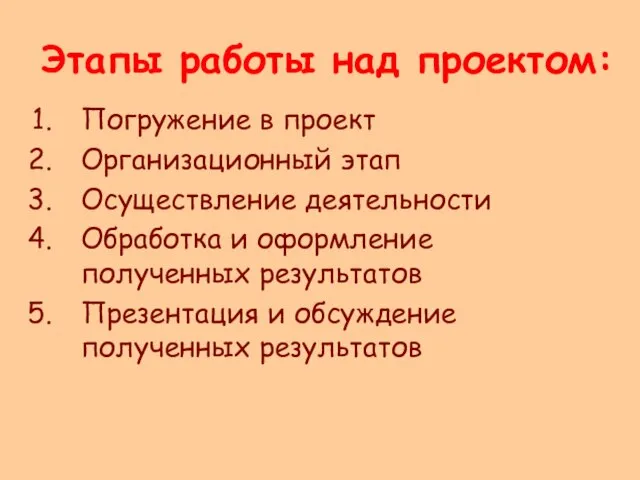 Этапы работы над проектом: Погружение в проект Организационный этап Осуществление деятельности Обработка