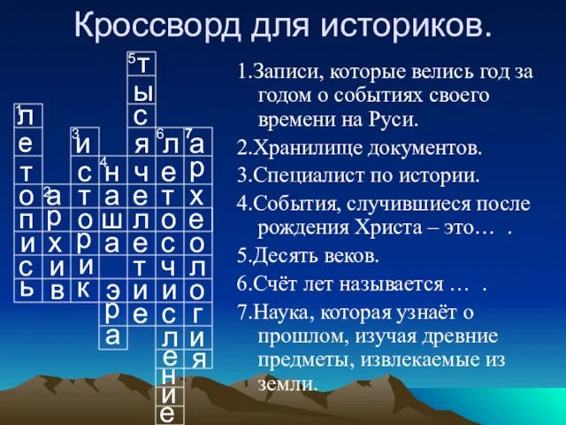 Кроссворд для историков. 1.Записи, которые велись год за годом о событиях своего